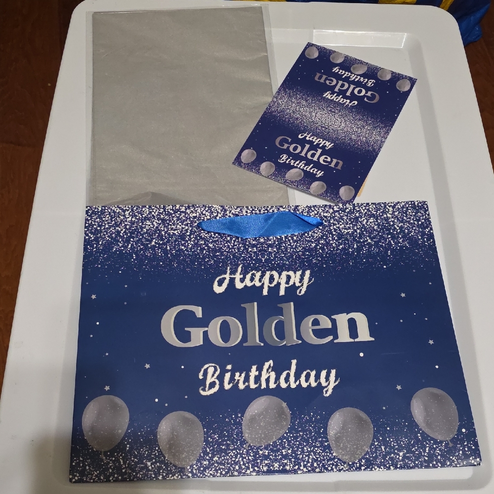 Blue and Silver Happy Golden Birthday Gift Bag Set W/ Tissue & Card, Bag